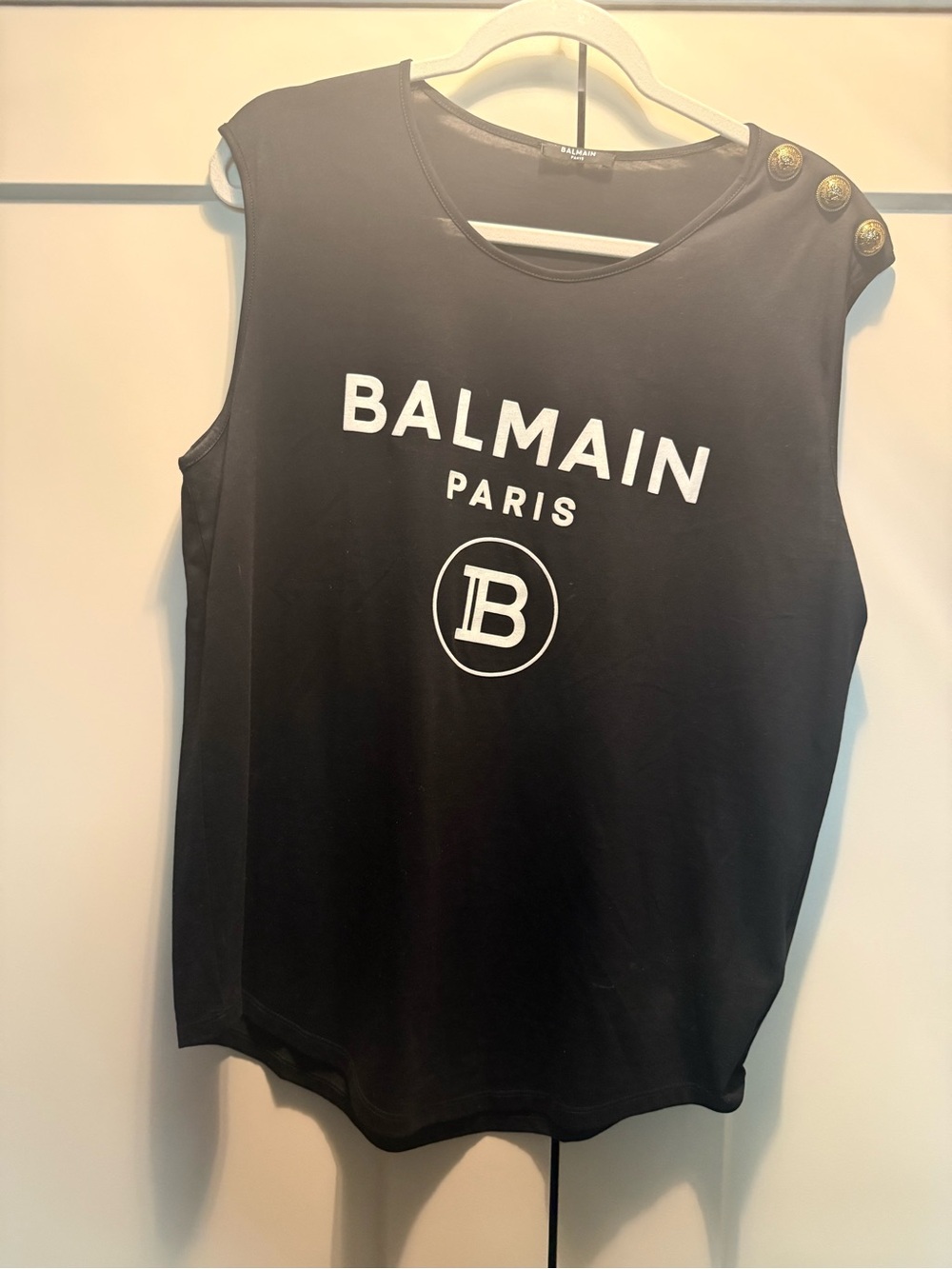 Balmain Black Sleeveless Logo Tank with Gold Buttons